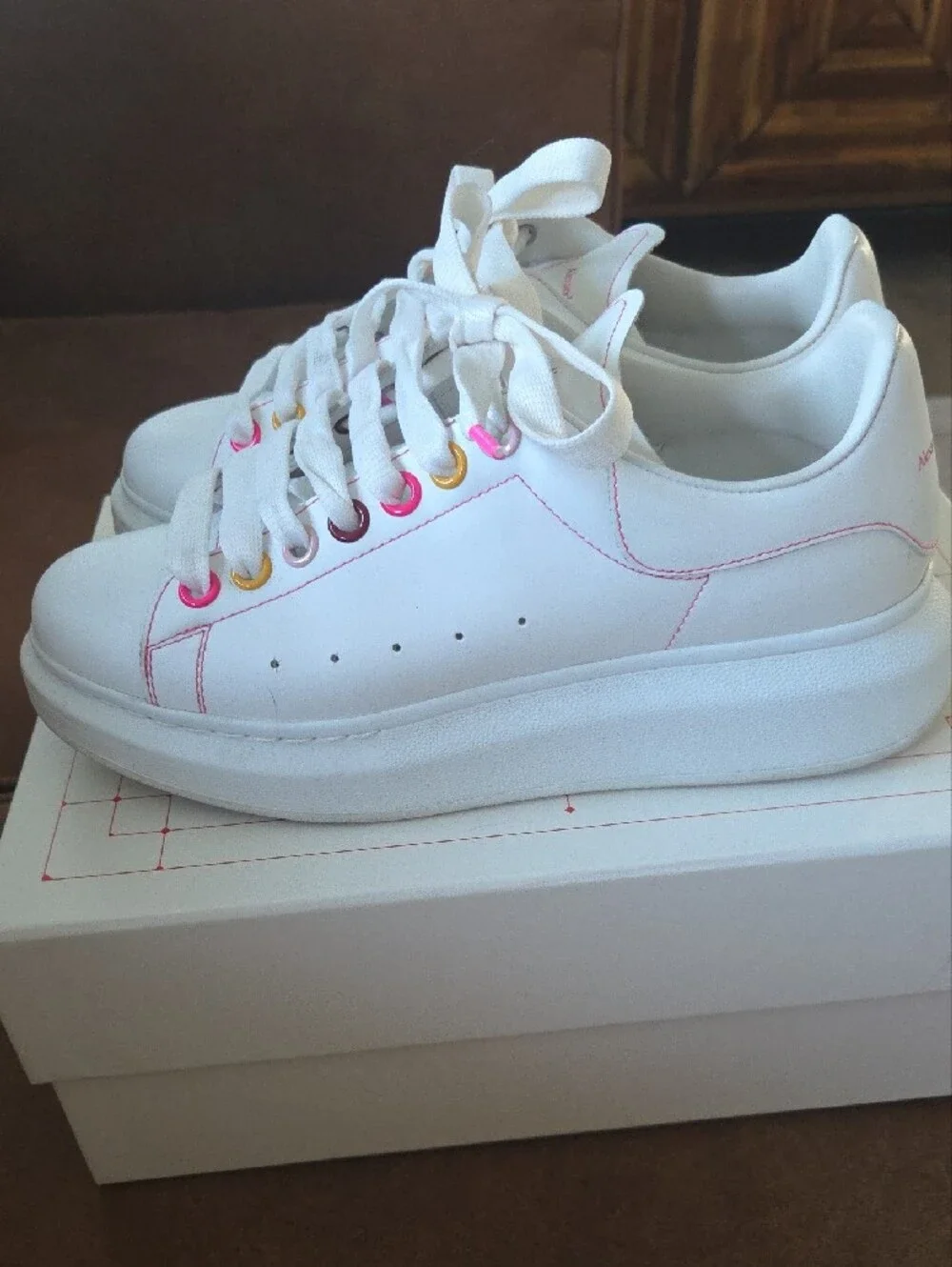Alexander McQueen White Sneakers with Pink & Yellow Eyelet Accents